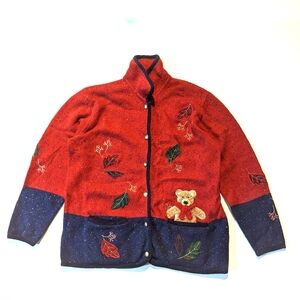 Vintage Tabi International Teddy Bear Cardigan Sweater Blue Red